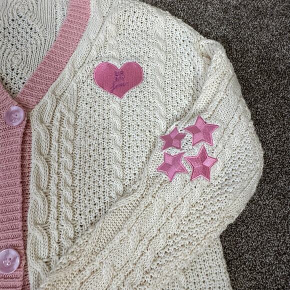 Ur My Lover Cardigan Chunky Cable Knit Button Cardigan Pink Cream Hearts L/XL - Picture 2 of 9